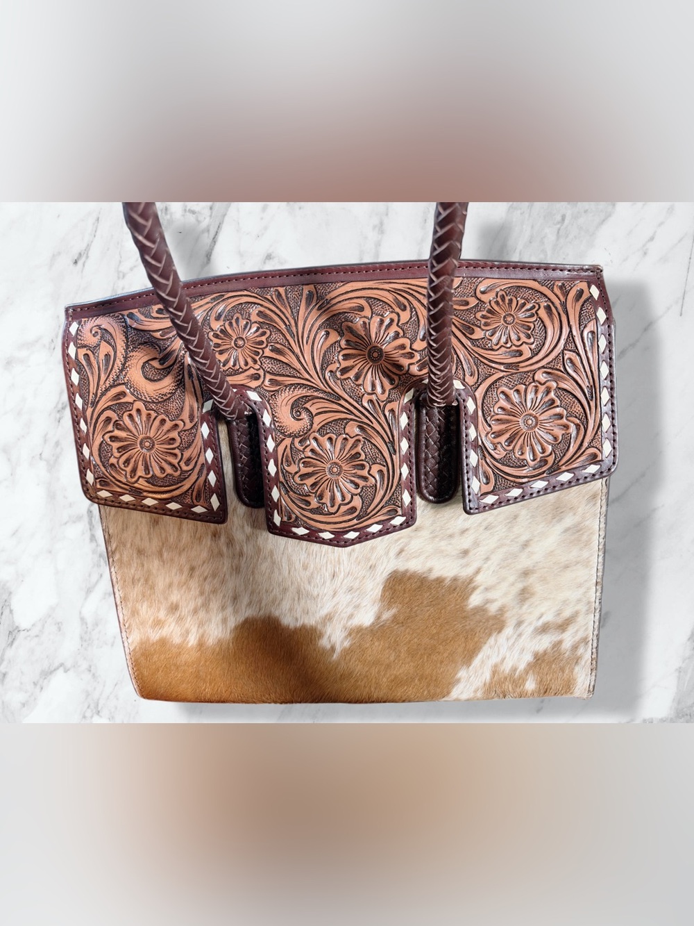 brown tooled leather & cowhide tote bag